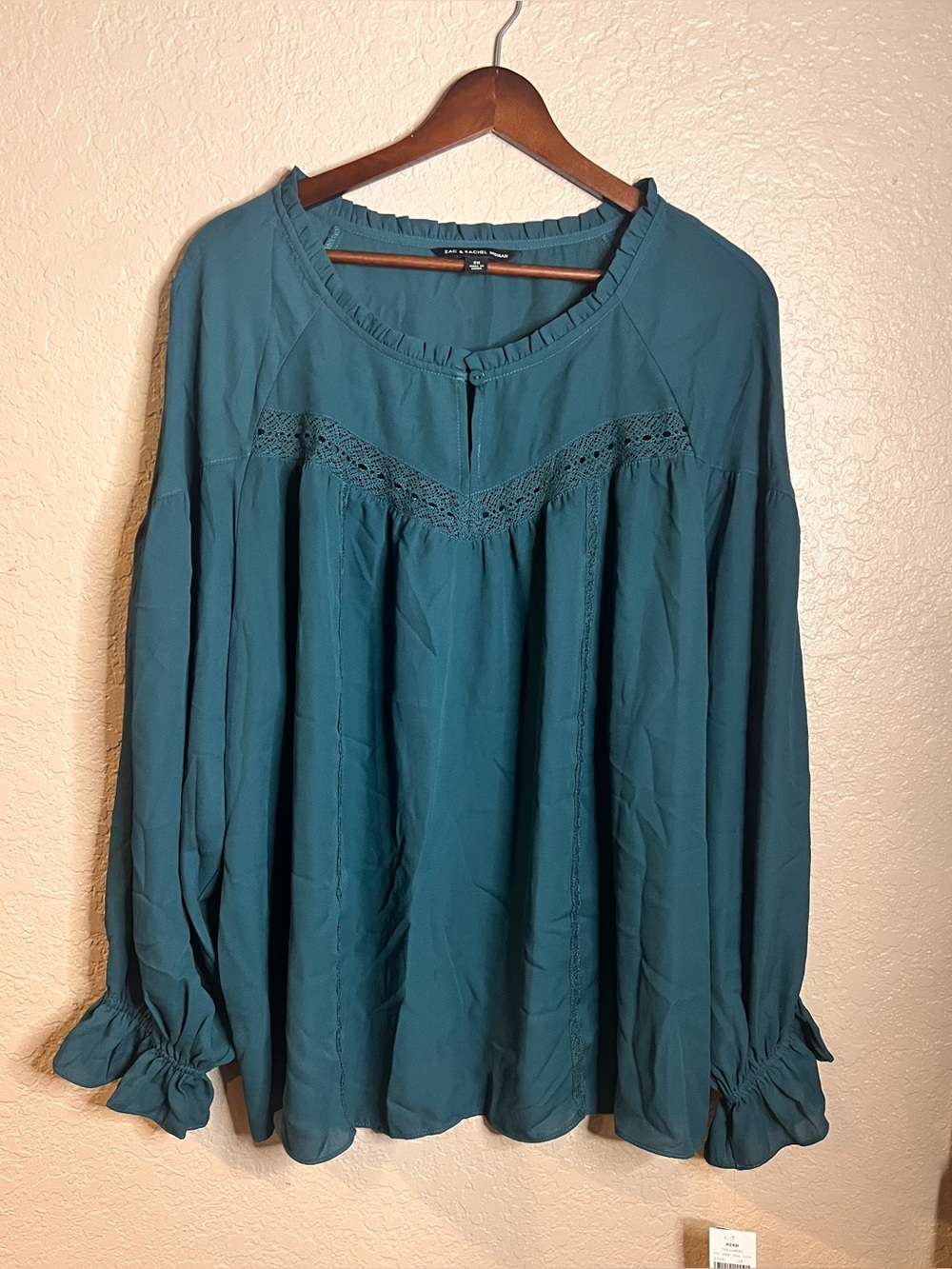 Zac & Rachel Teal Lace-Yoke Peasant Blouse 2X